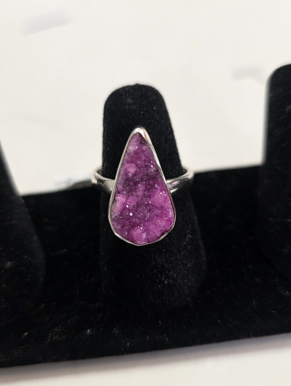 Sterling Silver Teardrop Pink Druzy Ring